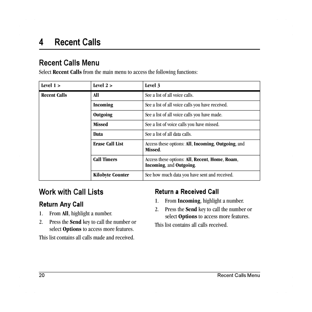 Lennox Hearth S1300 manual Recent Calls Menu, Work with Call Lists, Return Any Call, Return a Received Call 