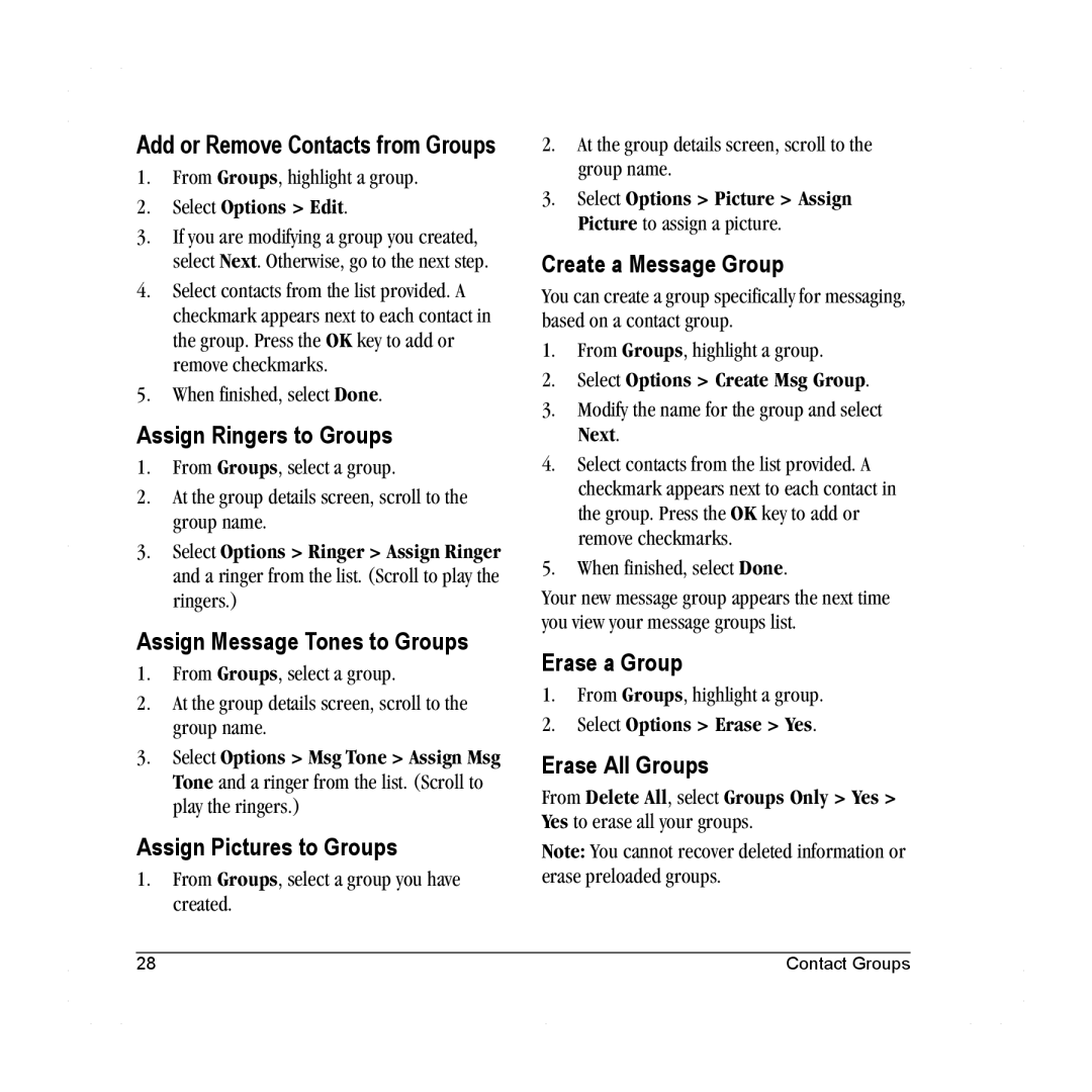 Lennox Hearth S1300 manual Add or Remove Contacts from Groups, Assign Ringers to Groups, Assign Message Tones to Groups 