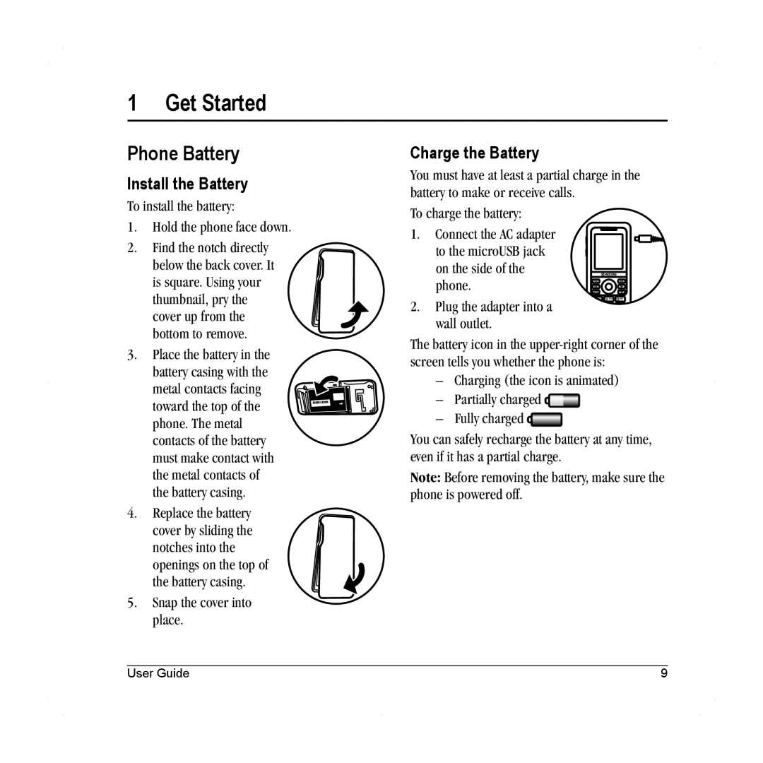 Lennox Hearth S1300 manual Get Started, Phone Battery, Install the Battery, Charge the Battery 