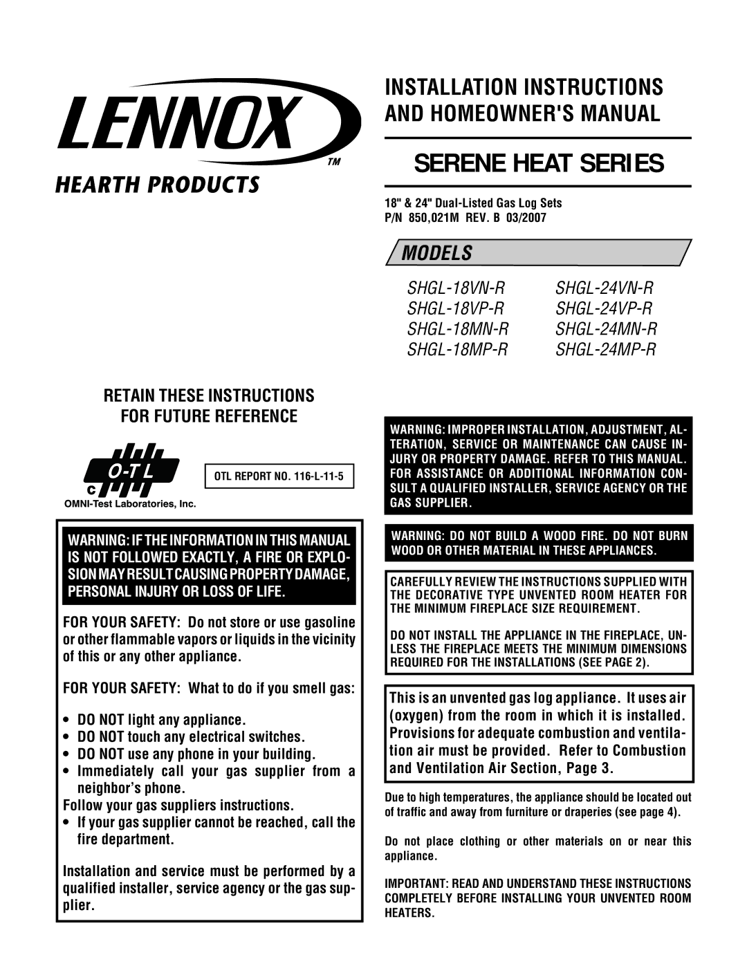 Lennox Hearth SHGL-24MP-R dimensions OTL Report no -L-11-5, 18 & 24 Dual-Listed Gas Log Sets P/N 850,021M REV. B 03/2007 