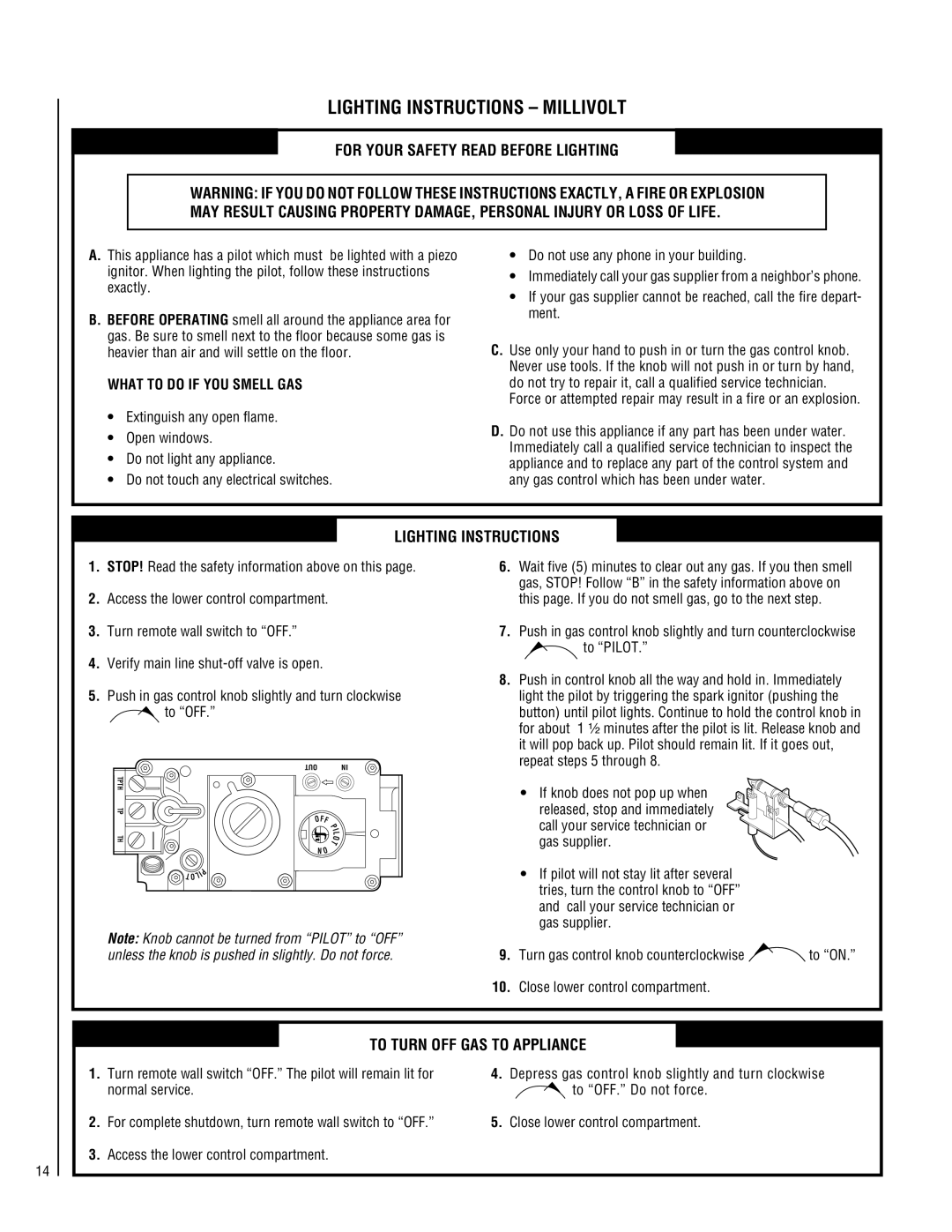 Lennox Hearth SHGL-24VN-R Lighting Instructions Millivolt, To Turn OFF GAS to Appliance, Close lower control compartment 