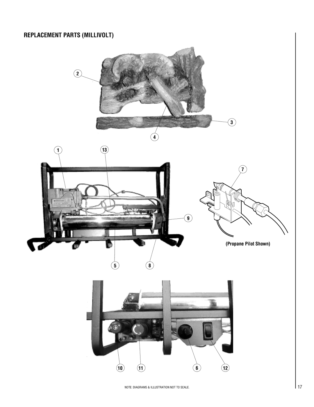 Lennox Hearth SHGL-24MP-R, SHGL-18MN-R, SHGL-18MP-R, SHGL-18VN-R dimensions Replacement Parts Millivolt, Propane Pilot Shown 