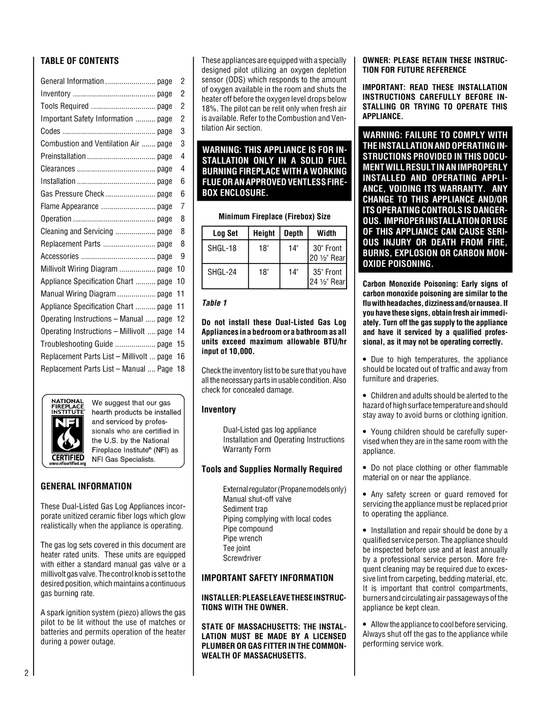 Lennox Hearth SHGL-18MP-R, SHGL-18MN-R, SHGL-24MP-R Table of Contents, General Information, Important Safety Information 