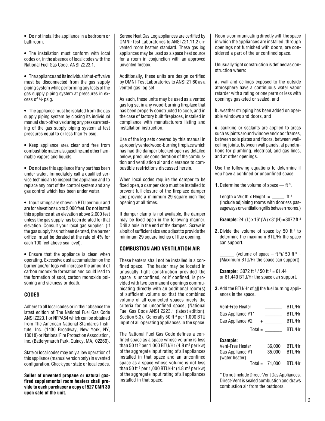 Lennox Hearth SHGL-18VN-R, SHGL-18MN-R, SHGL-24MP-R, SHGL-18MP-R, SHGL-18VP-R Codes, Combustion and Ventilation AIR, Example 