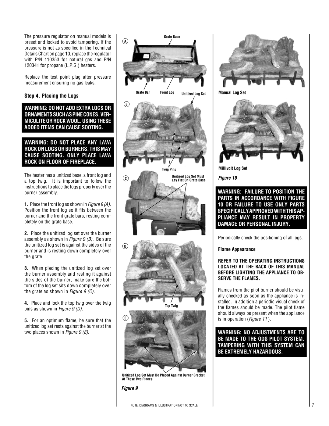 Lennox Hearth SHGL-24MN-R, SHGL-18MN-R Placing the Logs, Periodically check the positioning of all logs, Flame Appearance 