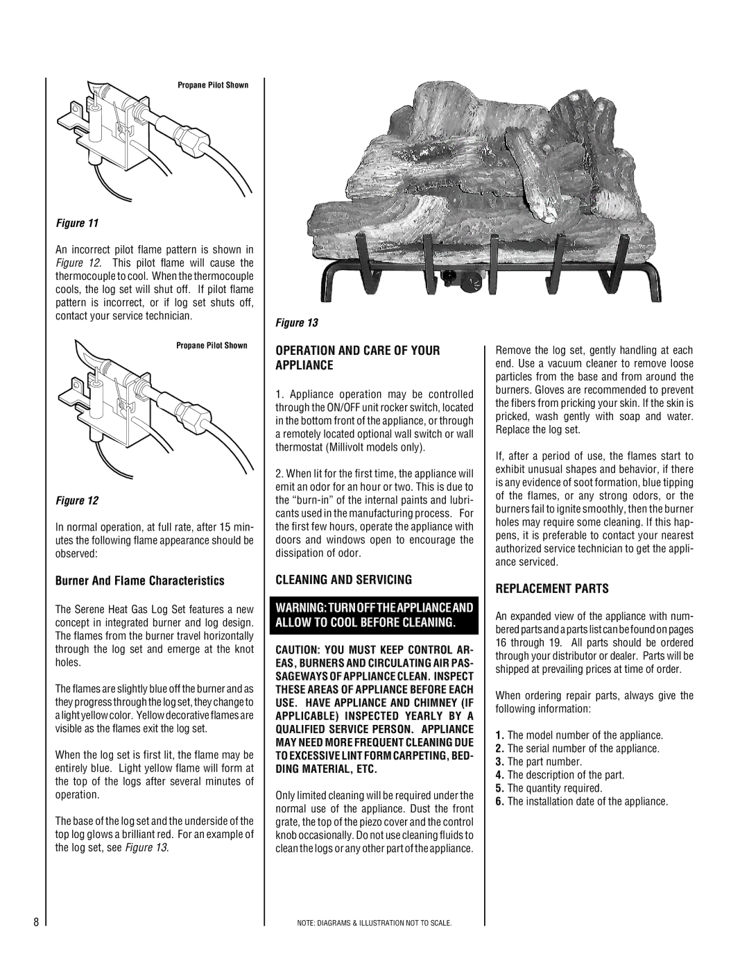 Lennox Hearth SHGL-18MN-R Burner And Flame Characteristics, Operation and Care of Your Appliance, Cleaning and Servicing 