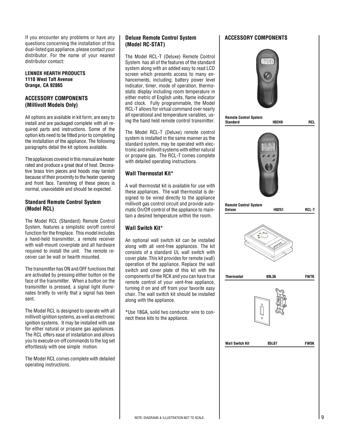 Lennox Hearth SHGL-24MP-R dimensions Standard Remote Control System Model RCL, Deluxe Remote Control System Model RC-STAT 