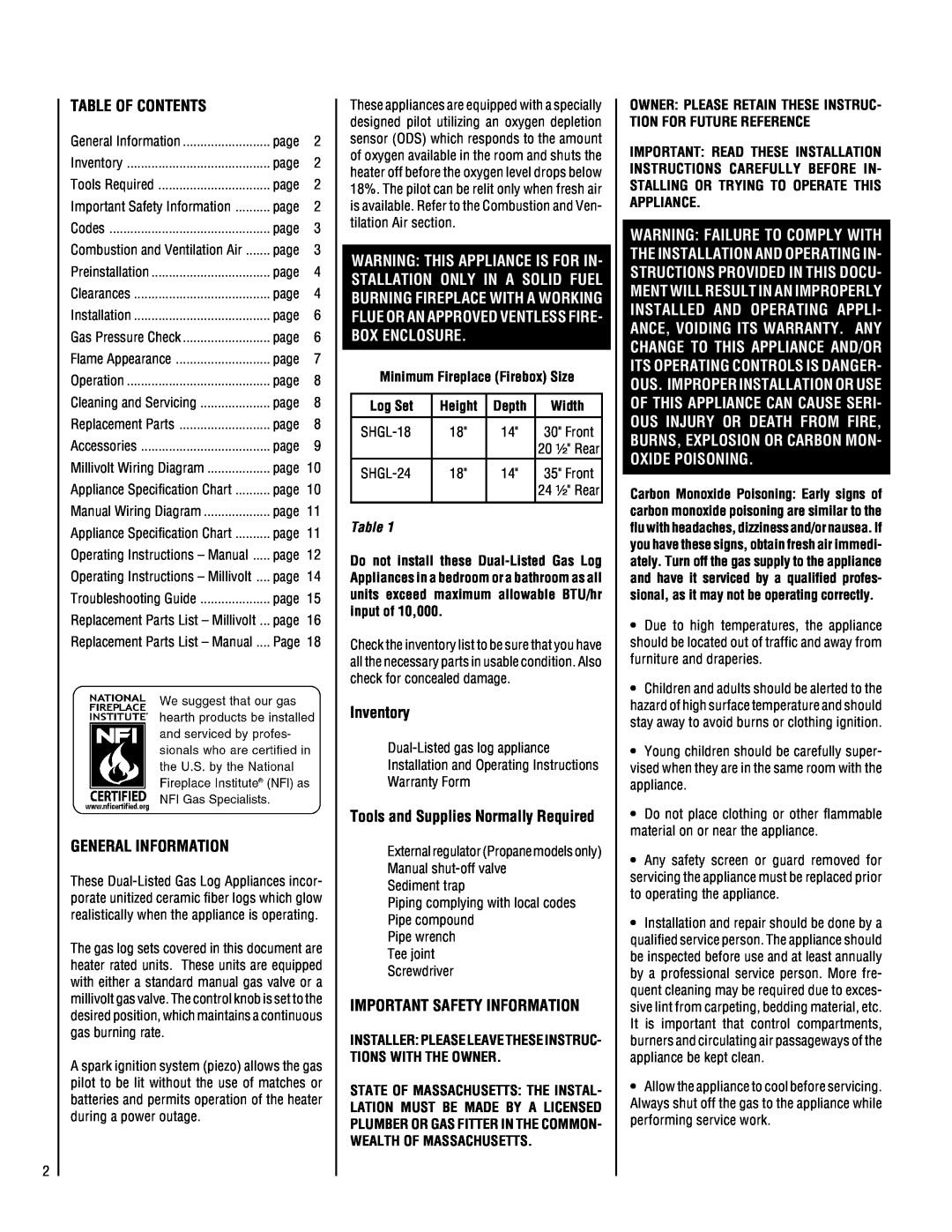 Lennox Hearth SHGL-18MP-R, SHGL-18MN-R Table Of Contents, General Information, Inventory, Important Safety Information 