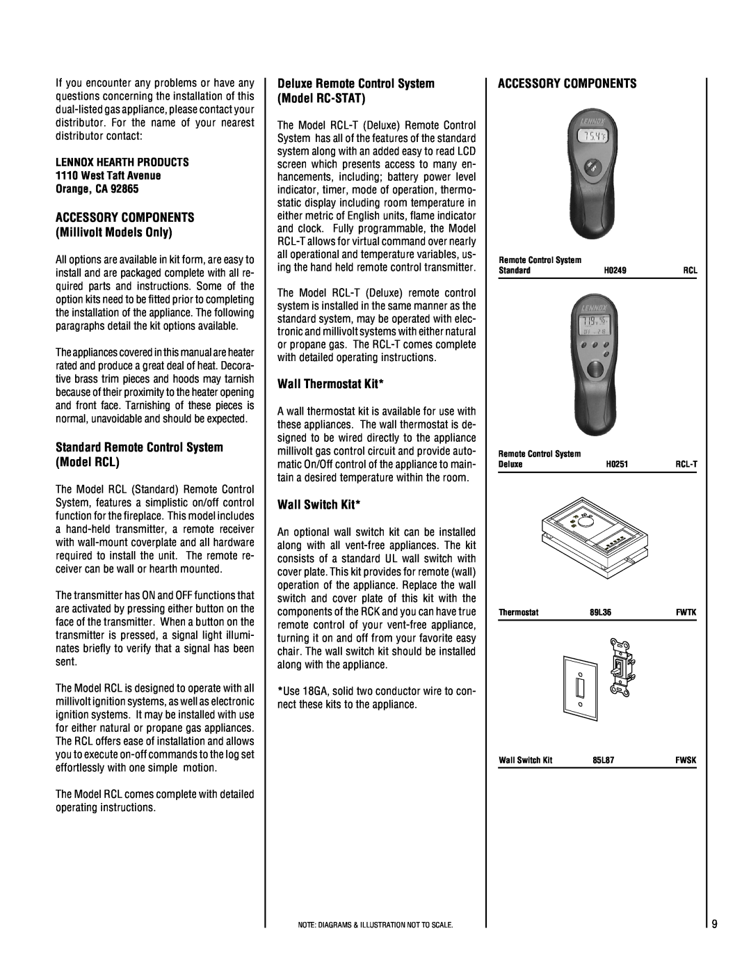 Lennox Hearth SHGL-24MP-R dimensions Standard Remote Control System Model RCL, Deluxe Remote Control System Model RC-STAT 