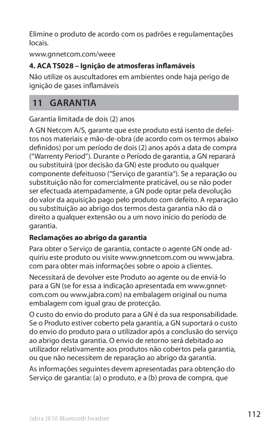 Lennox Hearth SP5050 manual 112, ACA TS028 Ignição de atmosferas inflamáveis, Garantia limitada de dois 2 anos 