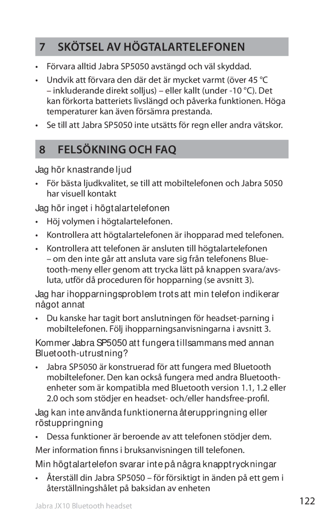 Lennox Hearth SP5050 manual Skötsel av högtalartelefonen, Felsökning och FAQ, 122 