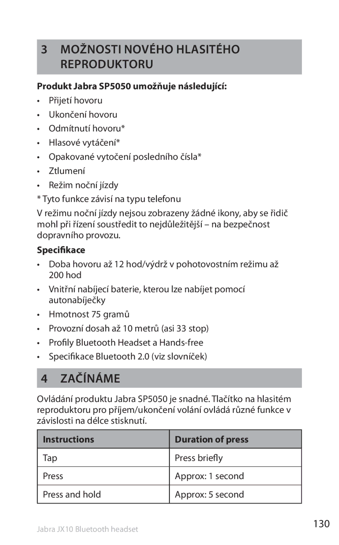 Lennox Hearth manual Možnosti nového hlasitého reproduktoru, Začínáme, 130, Produkt Jabra SP5050 umožňuje následující 