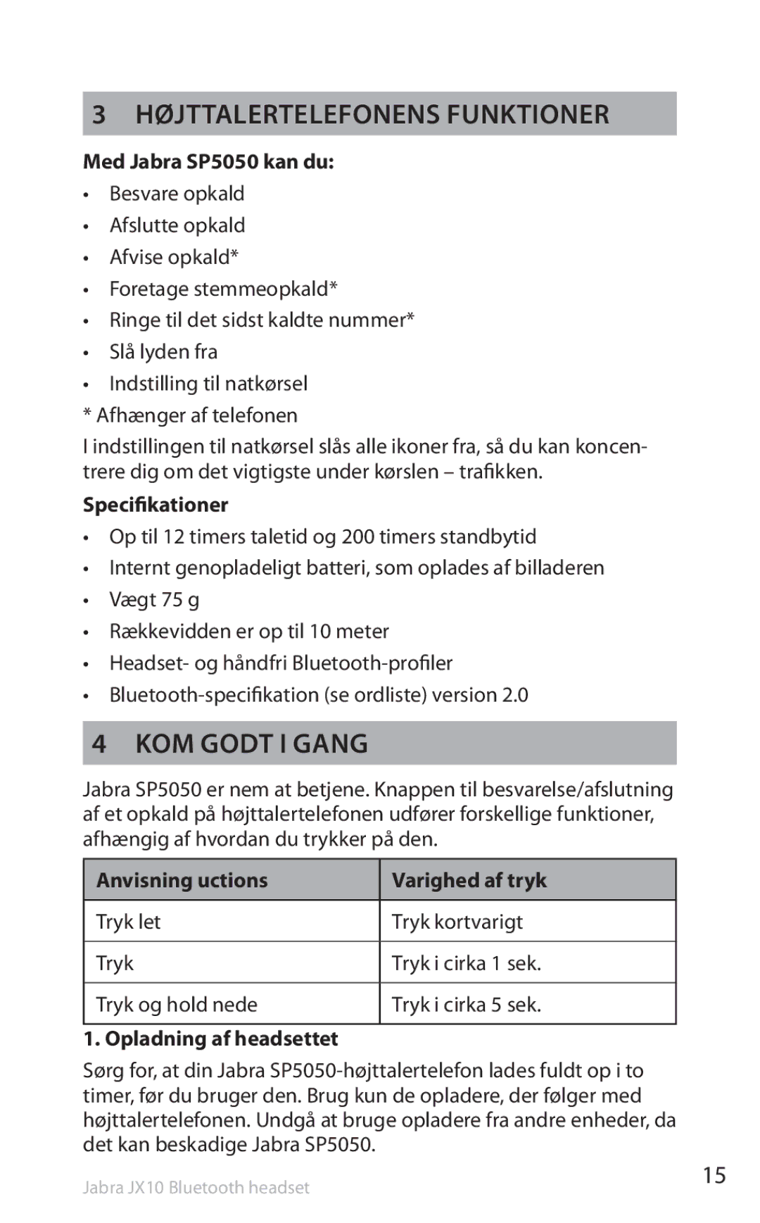 Lennox Hearth SP5050 manual Højttalertelefonens funktioner, KOM Godt I Gang 