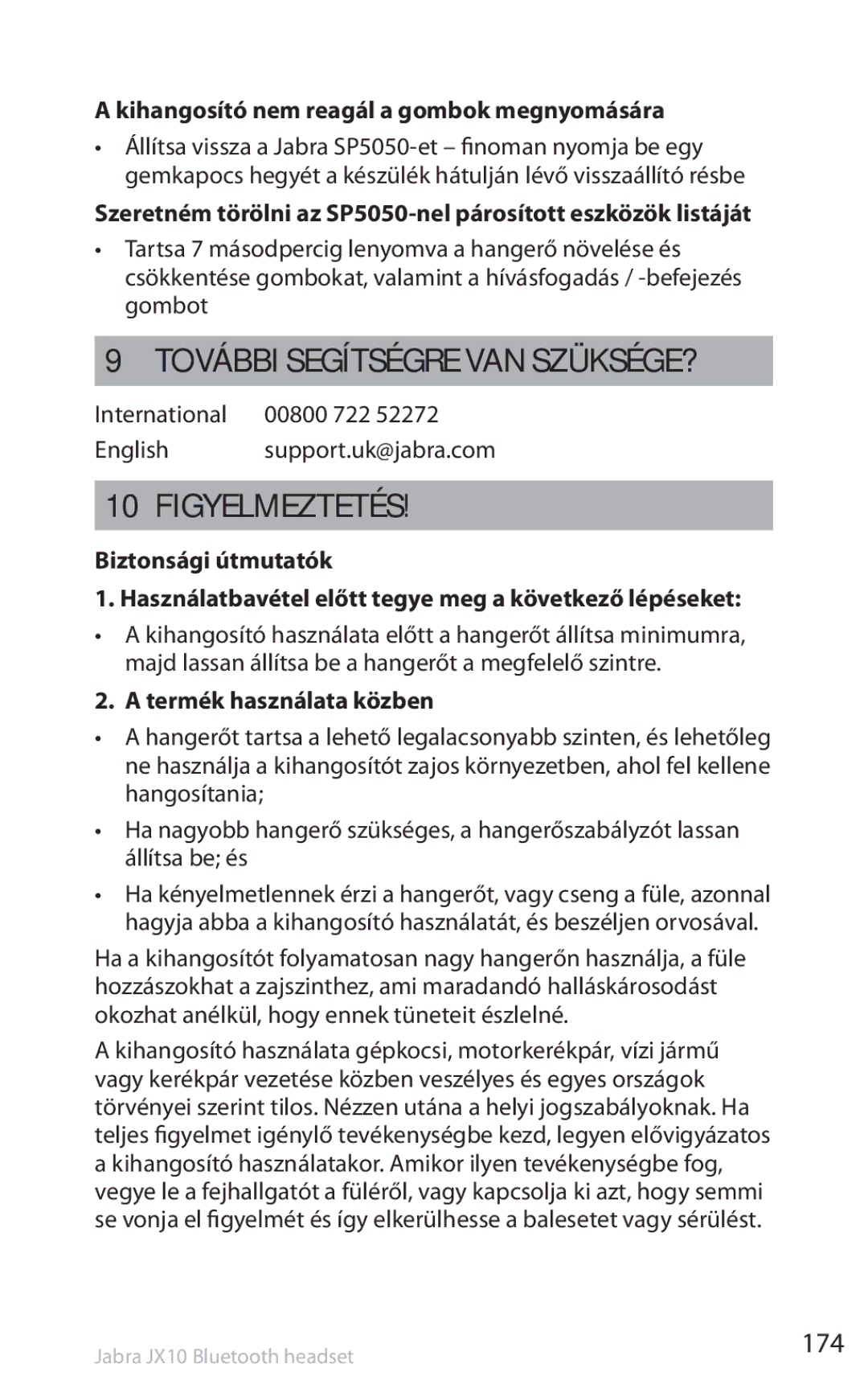 Lennox Hearth SP5050 További segítségre van szüksége?, Figyelmeztetés, 174, Kihangosító nem reagál a gombok megnyomására 