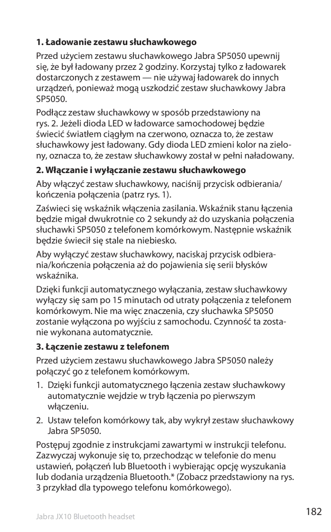 Lennox Hearth SP5050 manual 182, Ładowanie zestawu słuchawkowego, Włączanie i wyłączanie zestawu słuchawkowego 