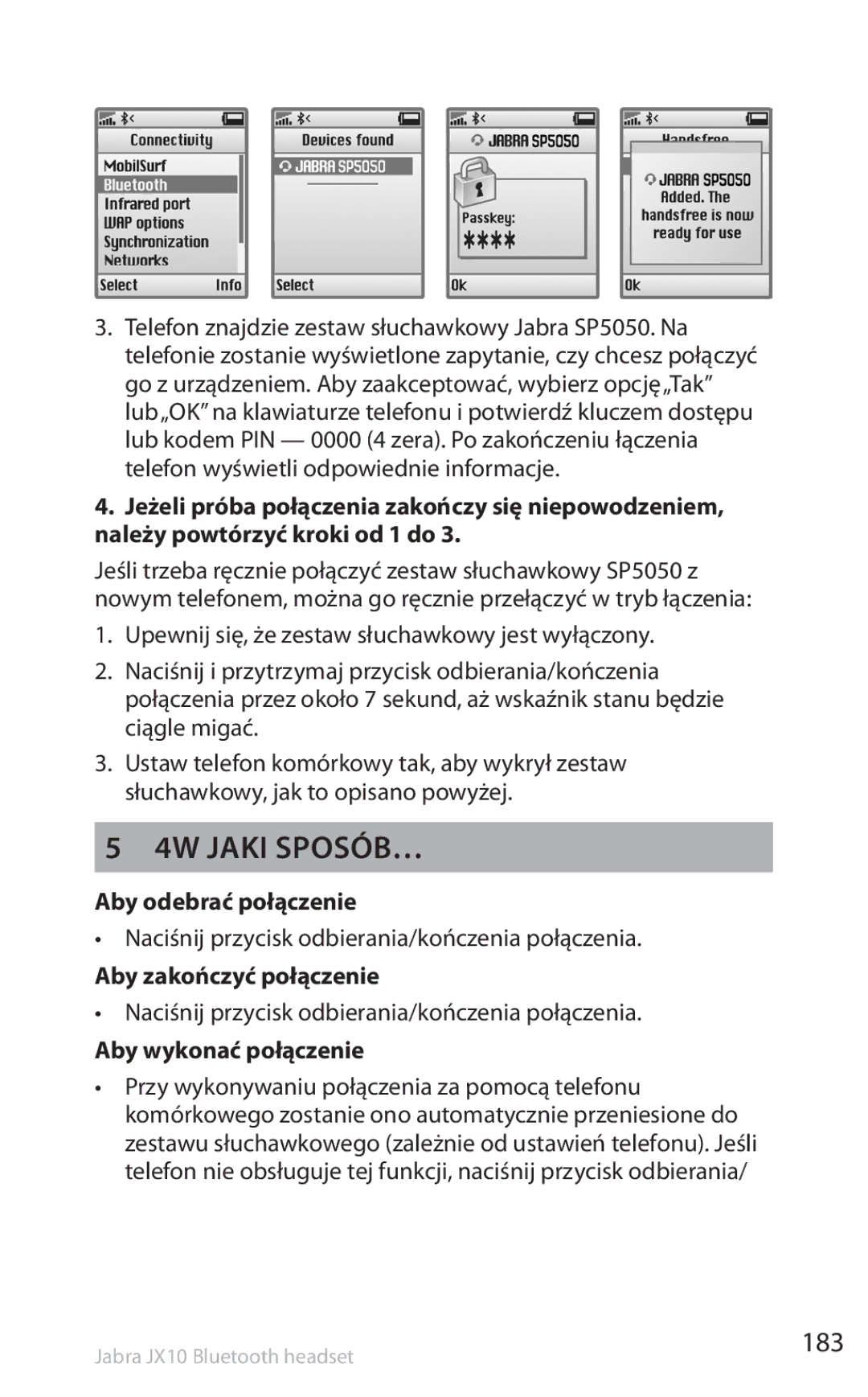 Lennox Hearth SP5050 manual 4W jaki sposób…, 183, Aby odebrać połączenie, Aby zakończyć połączenie, Aby wykonać połączenie 