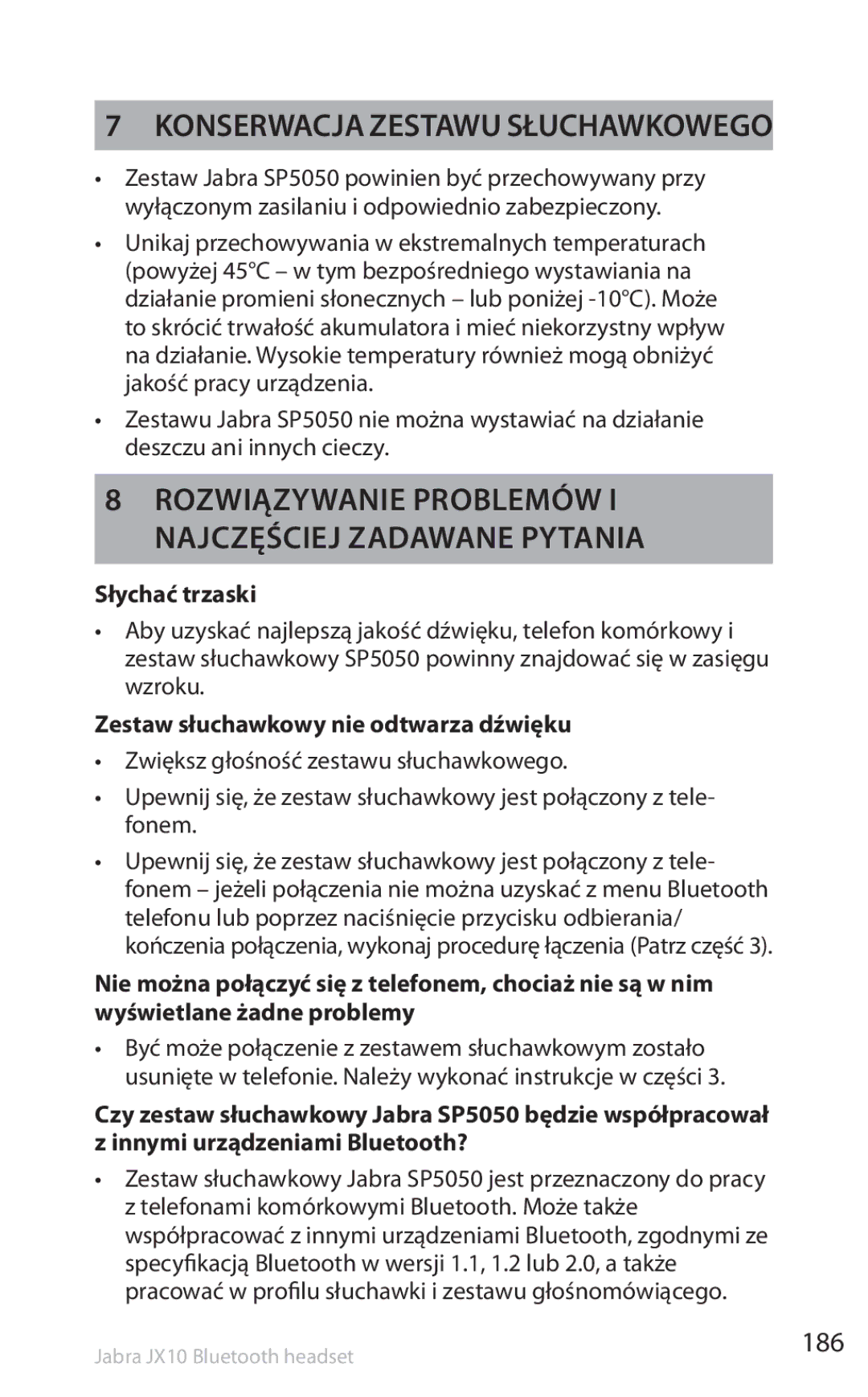 Lennox Hearth SP5050 manual Konserwacja zestawu słuchawkowego, Rozwiązywanie problemów i najczęściej zadawane pytania, 186 