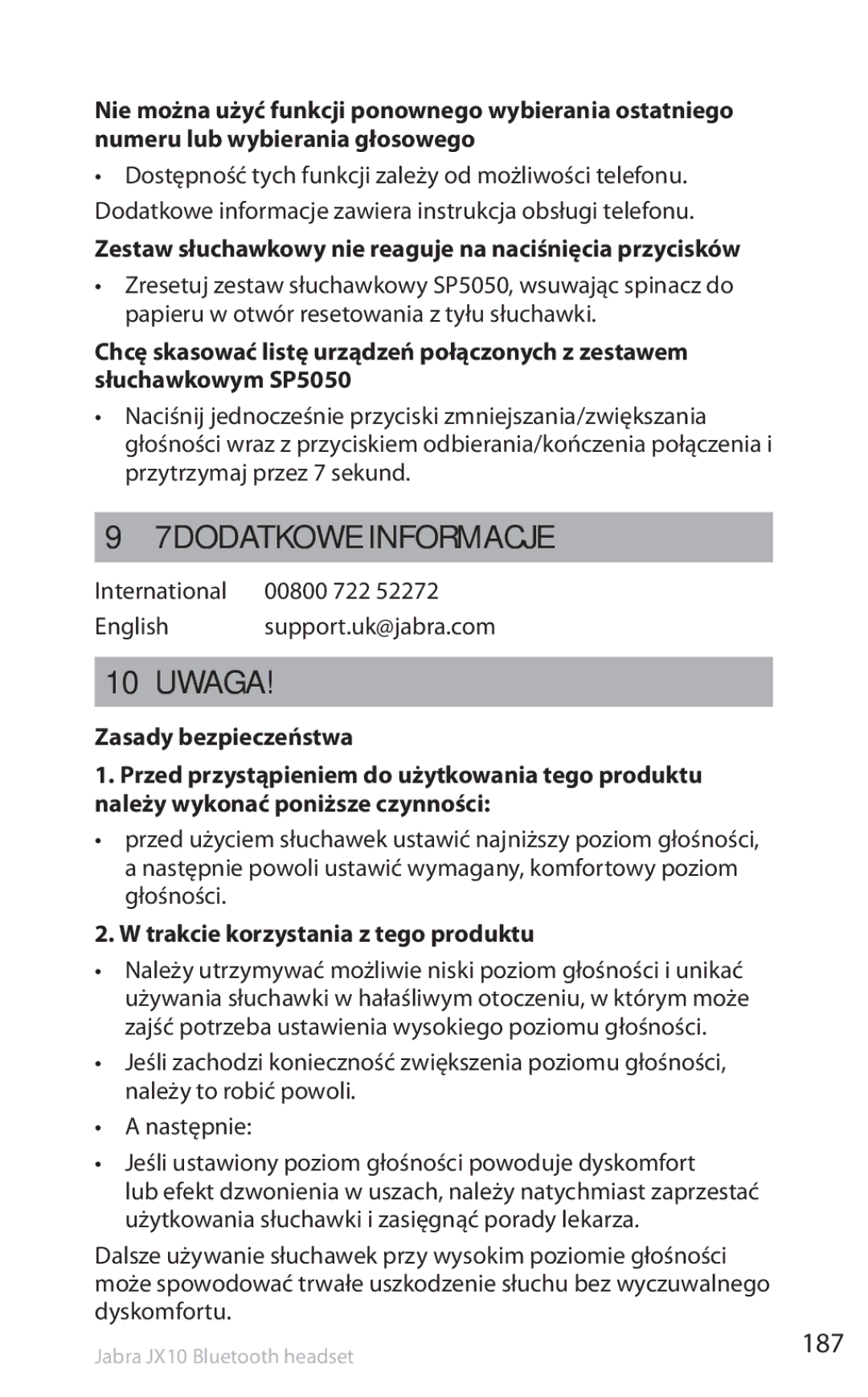 Lennox Hearth SP5050 manual 7Dodatkowe informacje, Uwaga, 187, Zestaw słuchawkowy nie reaguje na naciśnięcia przycisków 