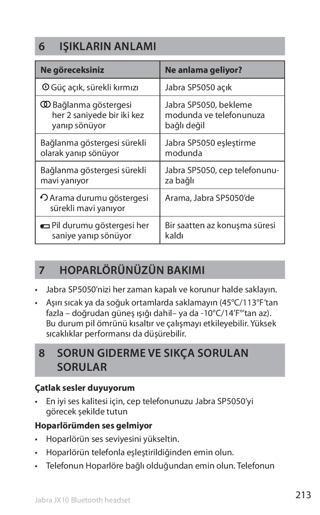 Lennox Hearth SP5050 manual Işıkların anlamı, Hoparlörünüzün bakımı, Sorun Giderme ve Sıkça Sorulan, Sorular, 213 