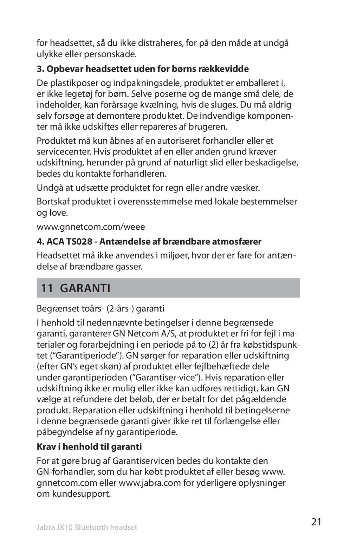 Lennox Hearth SP5050 Garanti, Opbevar headsettet uden for børns rækkevidde, ACA TS028 Antændelse af brændbare atmosfærer 