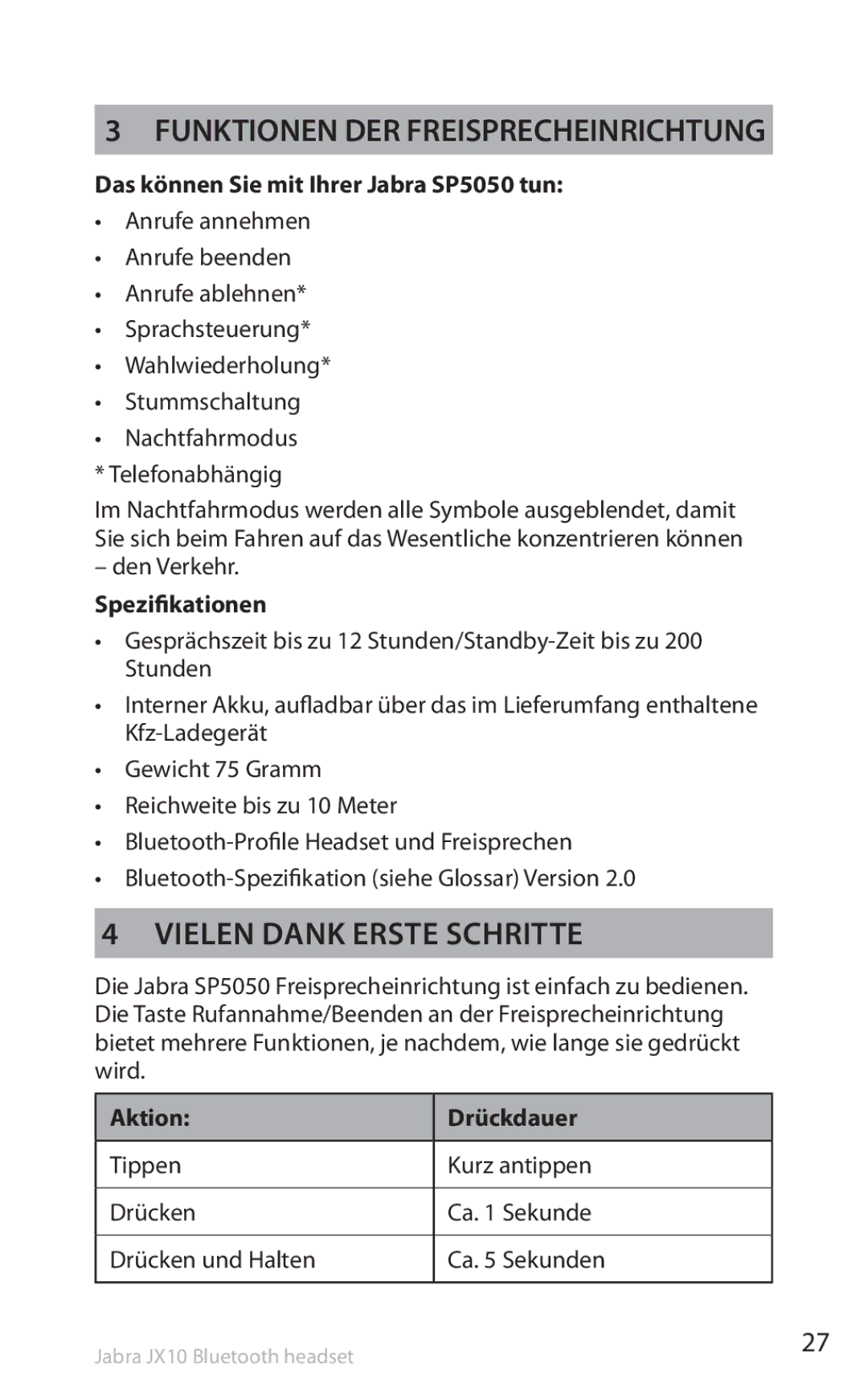 Lennox Hearth SP5050 Funktionen der Freisprecheinrichtung, Vielen Dank Erste Schritte, Spezifikationen, Aktion Drückdauer 