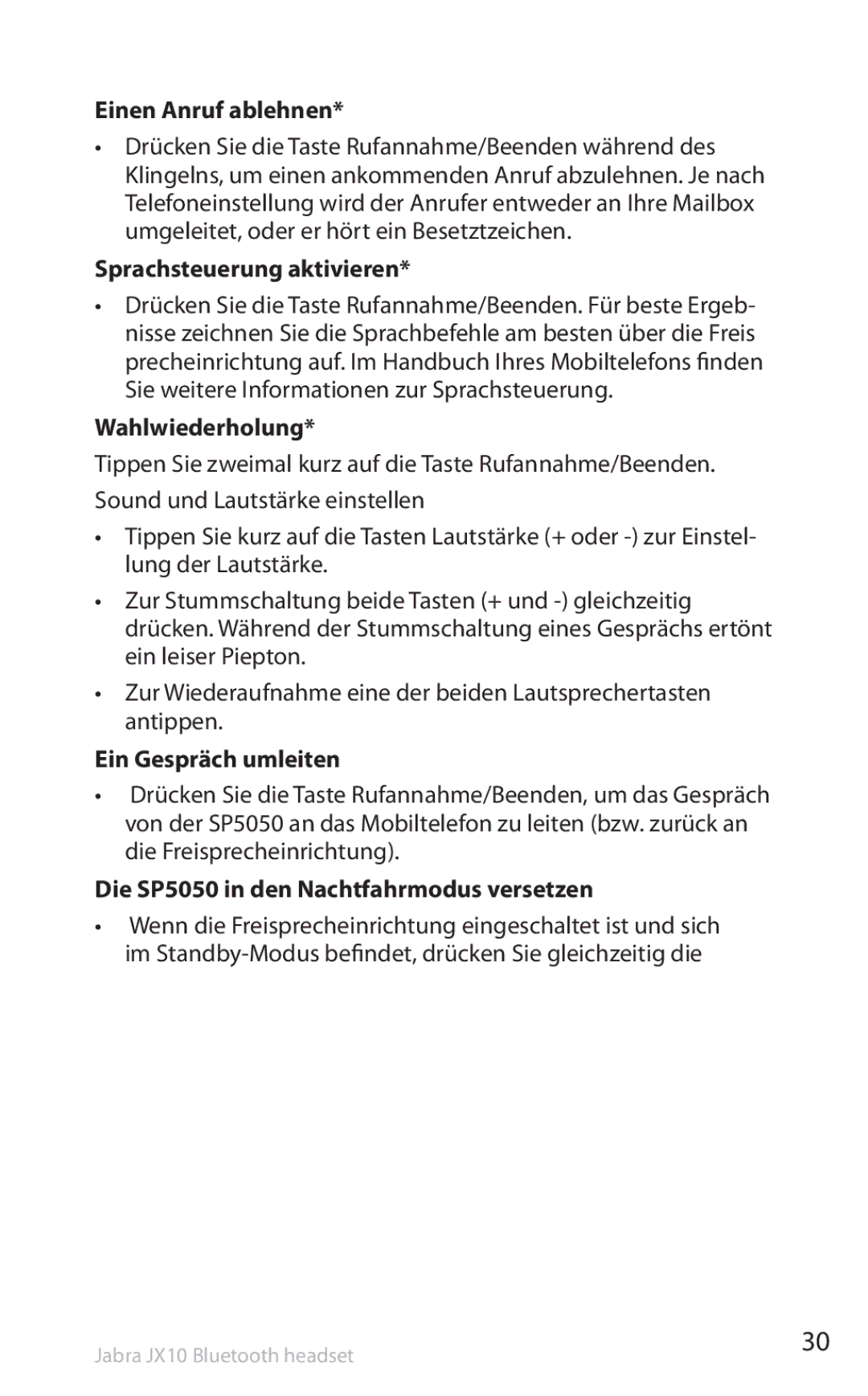 Lennox Hearth SP5050 manual Einen Anruf ablehnen, Sprachsteuerung aktivieren, Wahlwiederholung, Ein Gespräch umleiten 