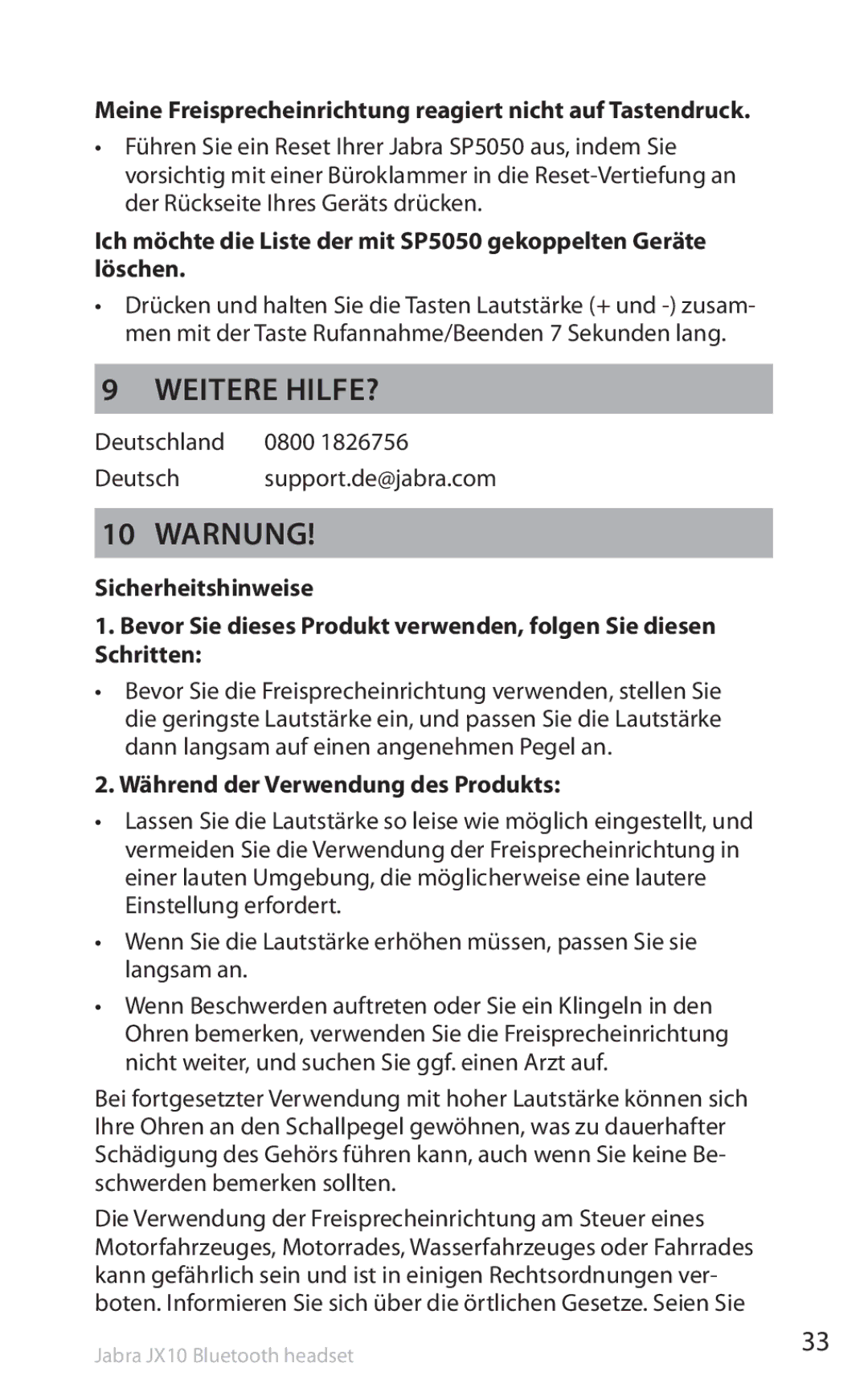 Lennox Hearth SP5050 Weitere Hilfe?, Warnung, Meine Freisprecheinrichtung reagiert nicht auf Tastendruck, Deutschland 0800 