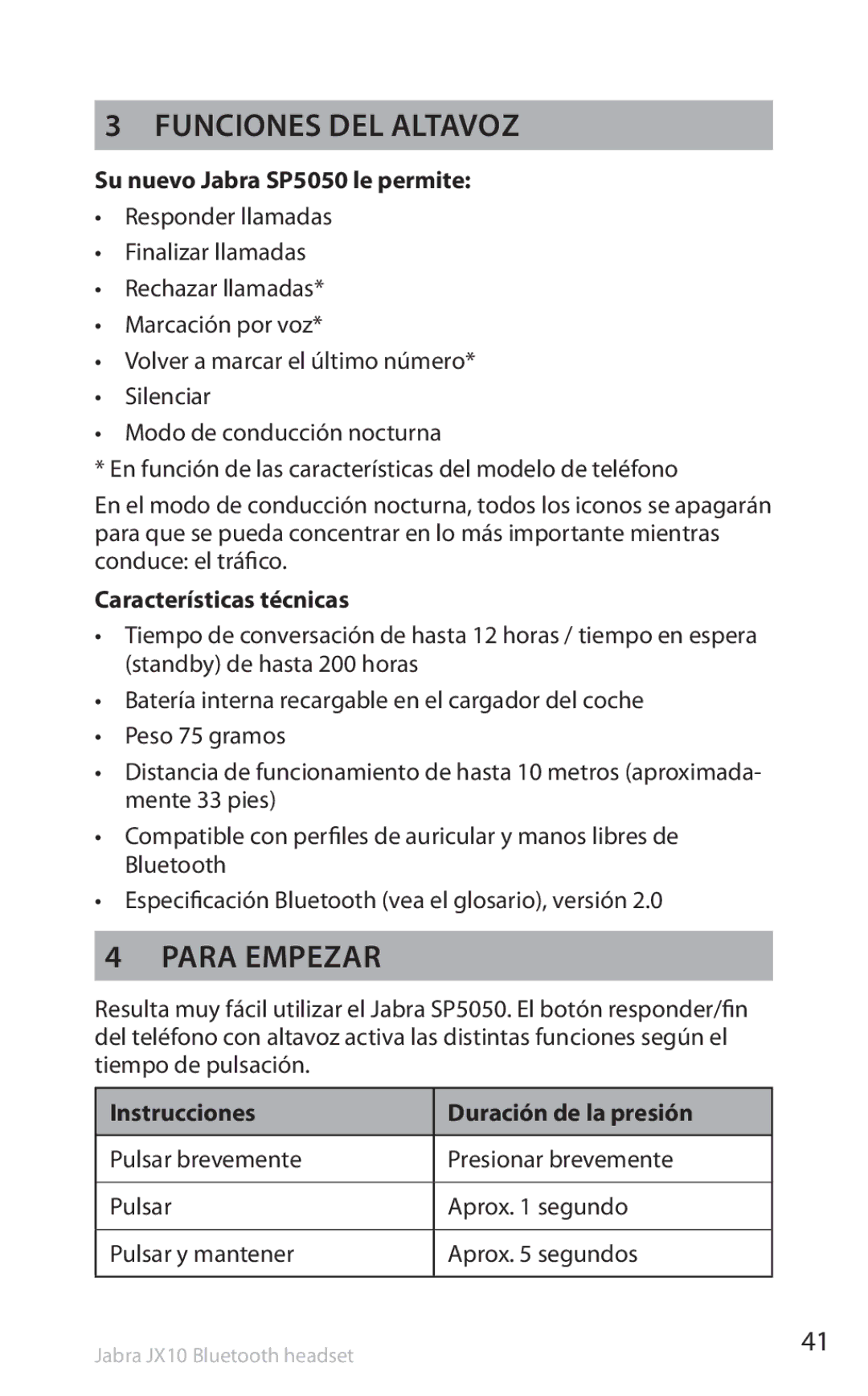 Lennox Hearth manual Funciones del altavoz, Para Empezar, Su nuevo Jabra SP5050 le permite, Características técnicas 