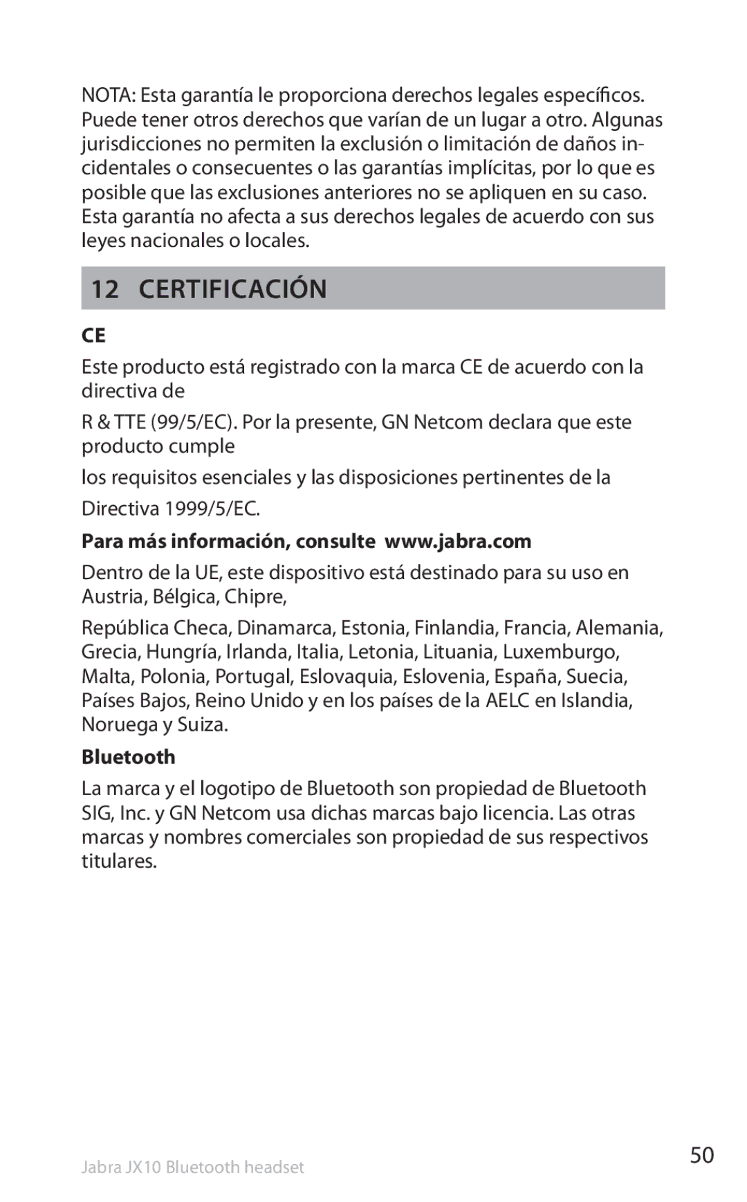 Lennox Hearth SP5050 manual Certificación, Bluetooth 