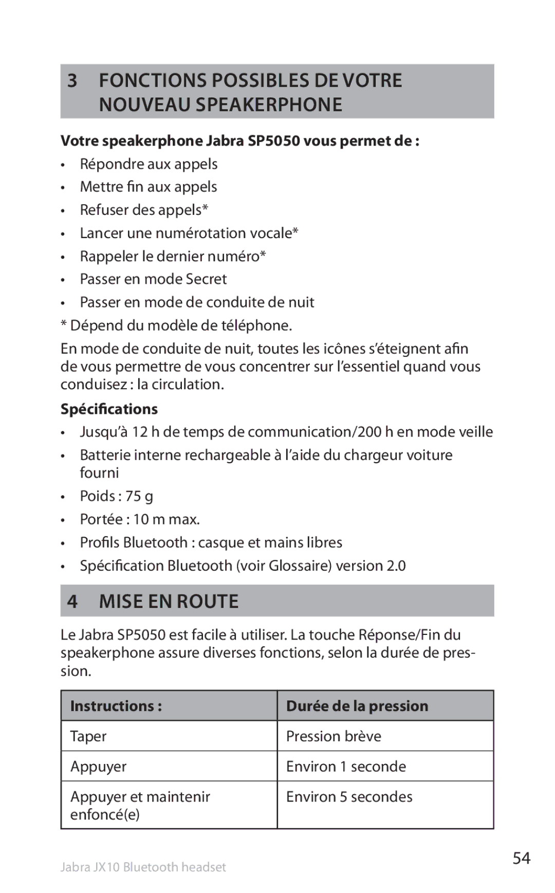 Lennox Hearth SP5050 manual Fonctions possibles de votre nouveau speakerphone, Mise EN Route, Spécifications 