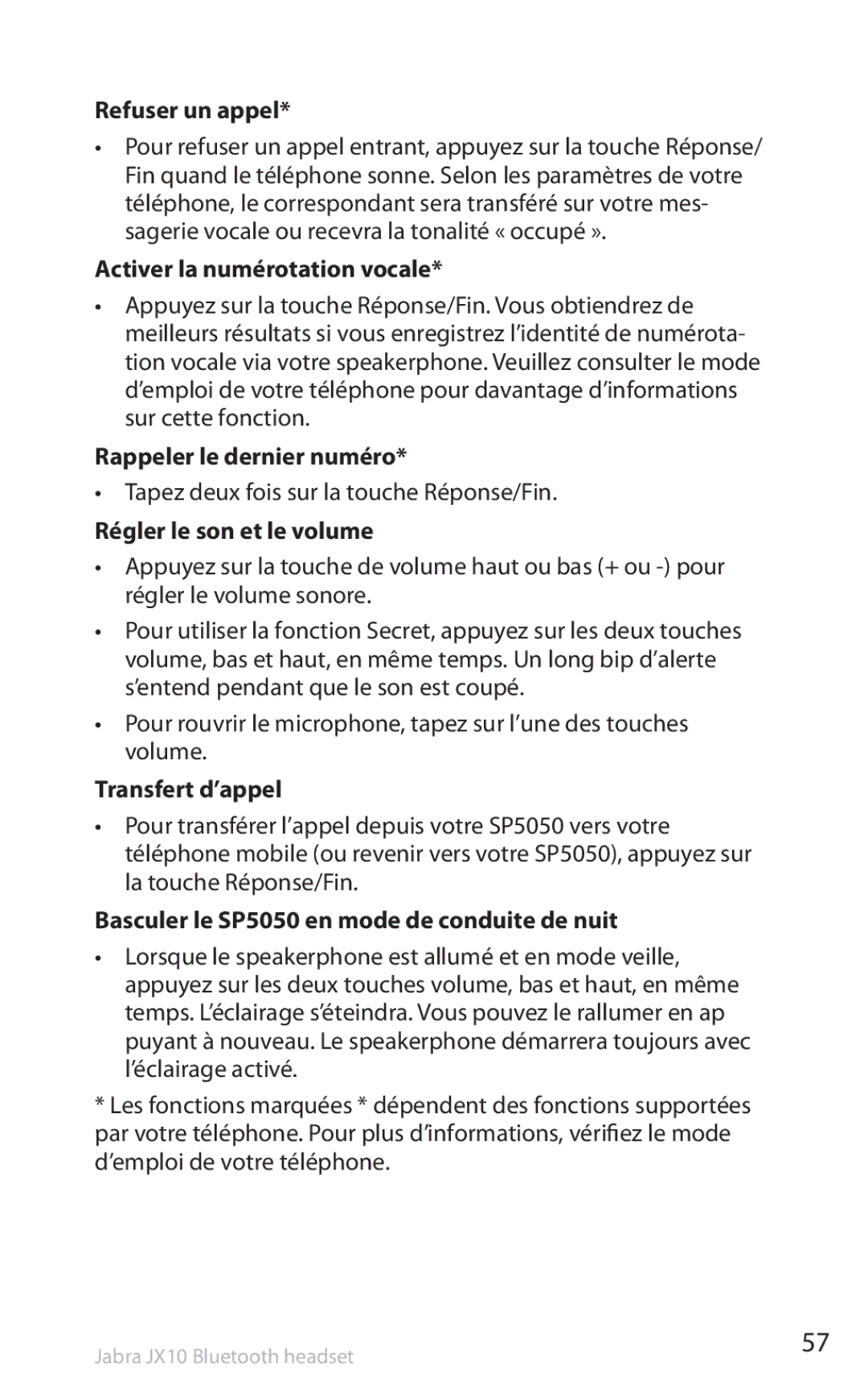 Lennox Hearth SP5050 manual Refuser un appel, Activer la numérotation vocale, Rappeler le dernier numéro, Transfert d’appel 