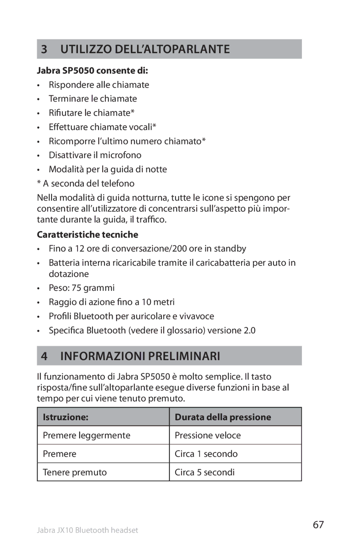 Lennox Hearth Utilizzo dell’altoparlante, Informazioni Preliminari, Jabra SP5050 consente di, Caratteristiche tecniche 