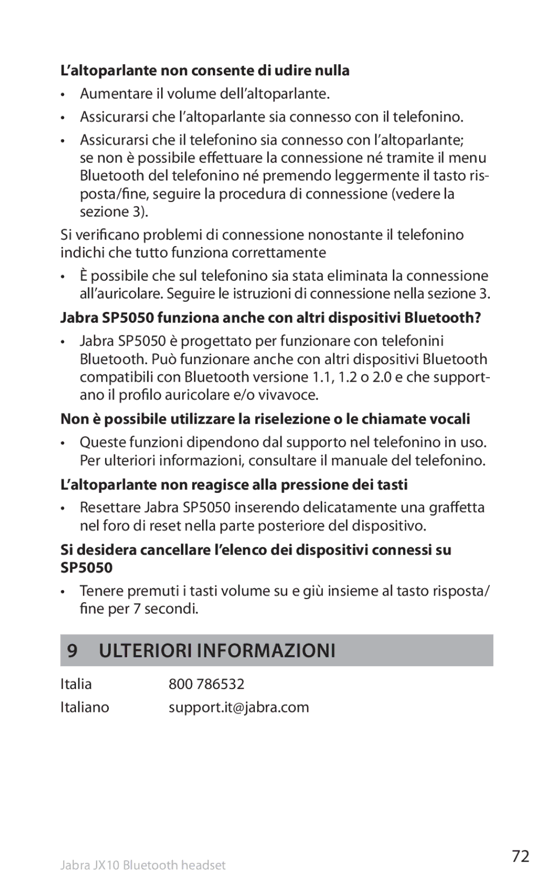 Lennox Hearth SP5050 manual Ulteriori informazioni, ’altoparlante non consente di udire nulla, Italia 800 Italiano 