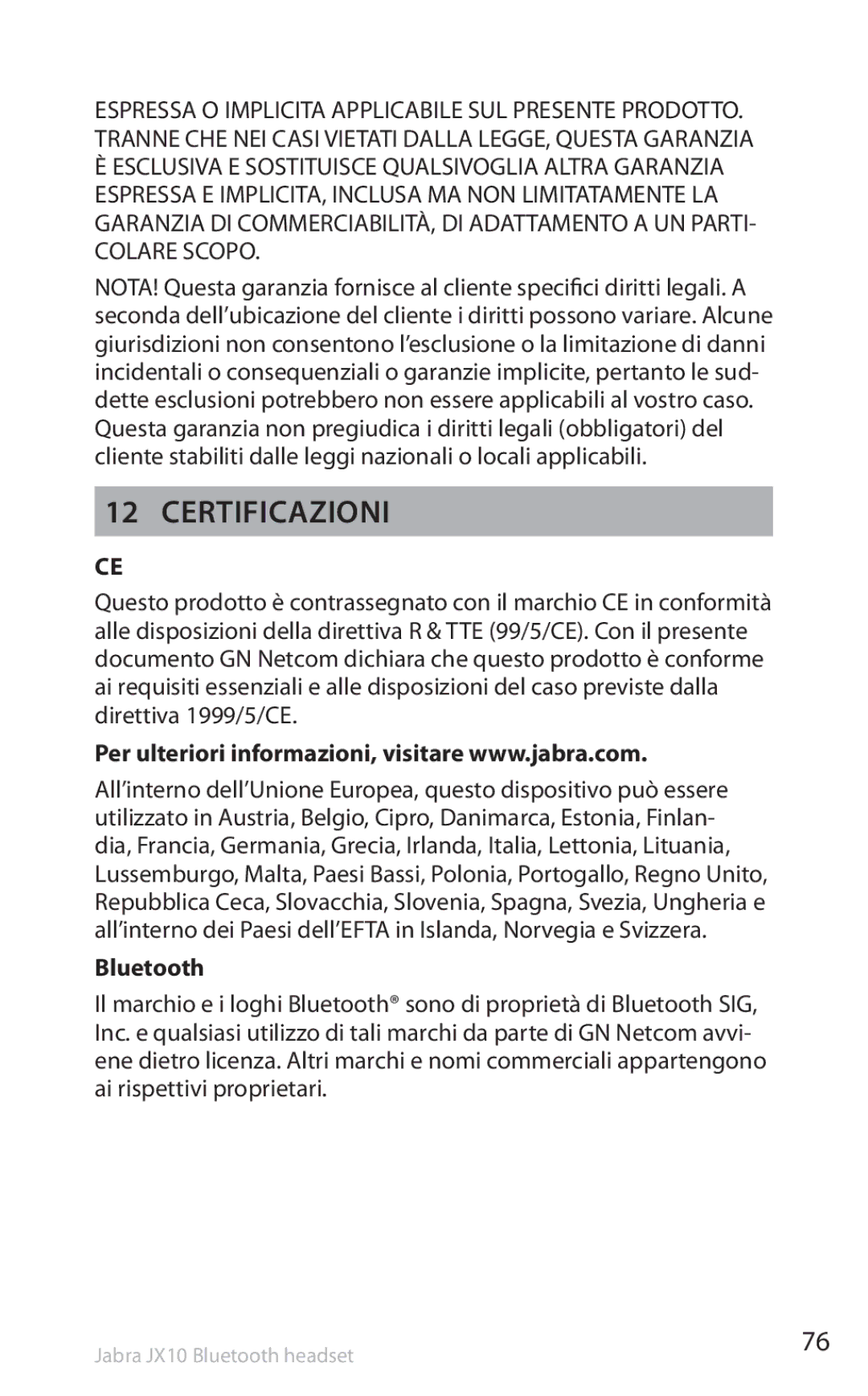 Lennox Hearth SP5050 manual Certificazioni, Bluetooth 