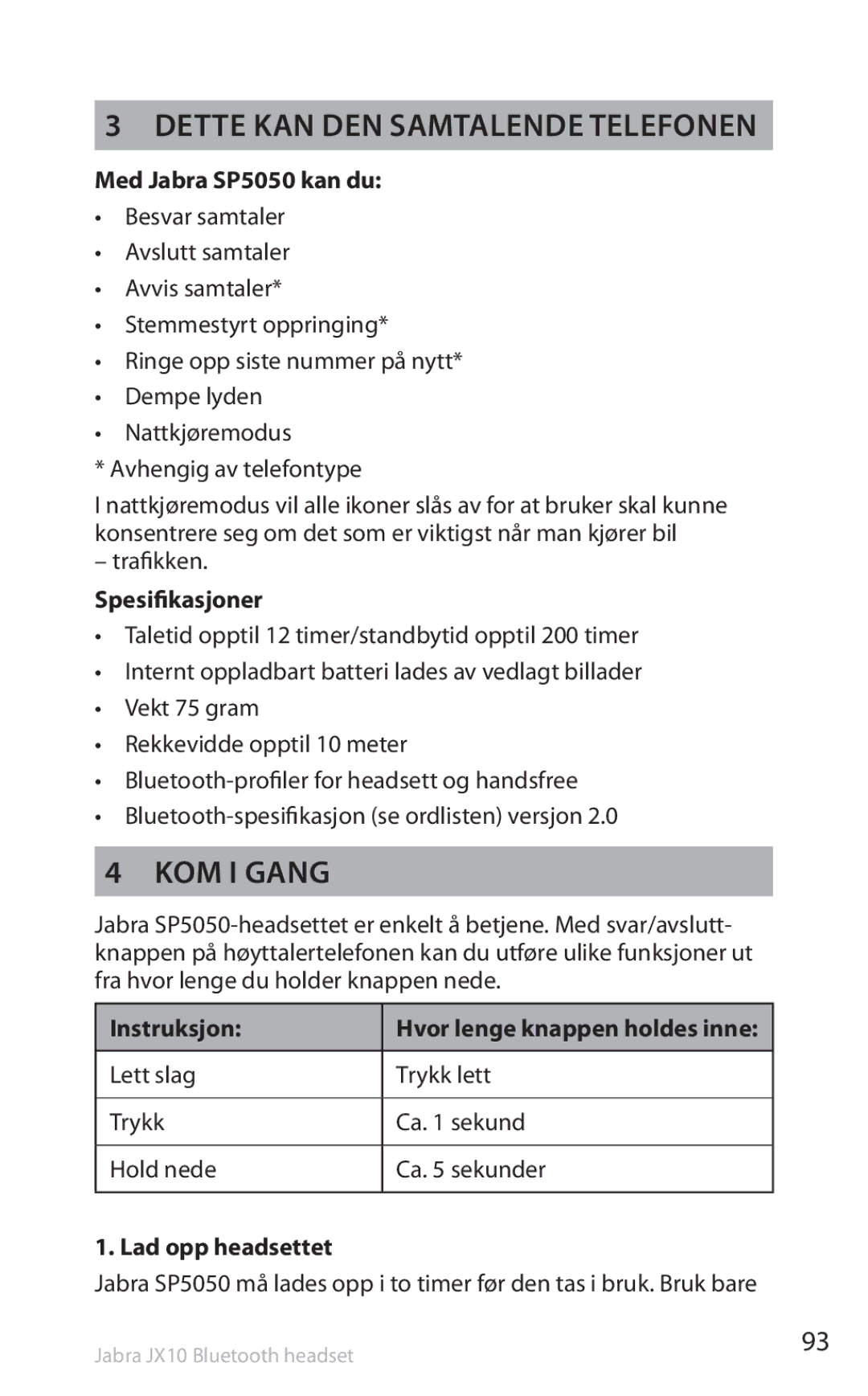 Lennox Hearth SP5050 manual Dette kan den samtalende telefonen, KOM I Gang, Spesifikasjoner, Lad opp headsettet 