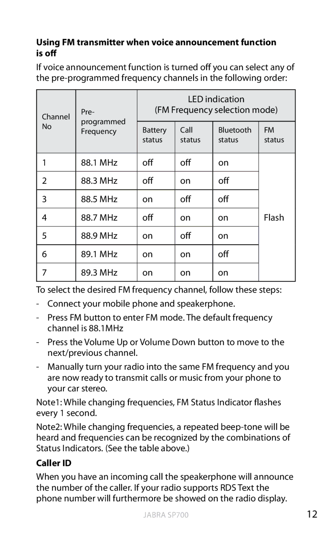 Lennox Hearth SP700 user manual Using FM transmitter when voice announcement function is off, Caller ID 