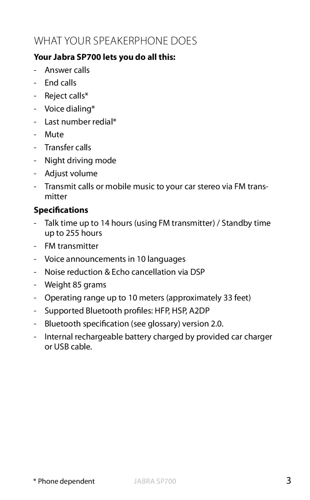 Lennox Hearth user manual What your Speakerphone does, Your Jabra SP700 lets you do all this, Specifications 