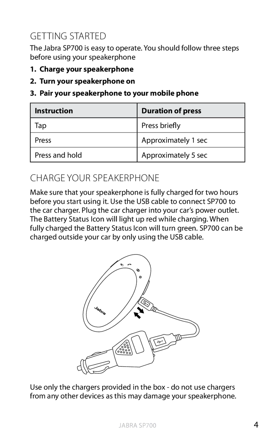 Lennox Hearth SP700 user manual Getting Started, Charge your Speakerphone 