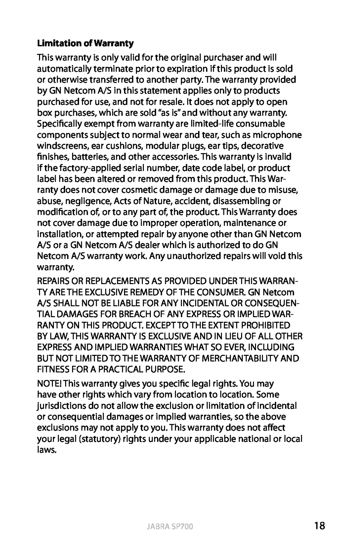 Lennox Hearth user manual Limitation of Warranty, english, Jabra SP700 