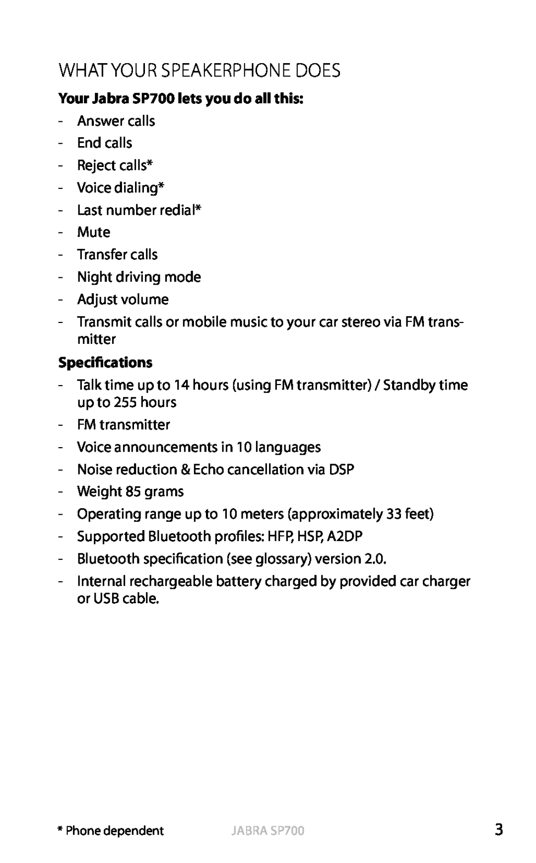 Lennox Hearth user manual What your Speakerphone DOES, Your Jabra SP700 lets you do all this, Specifications, english 