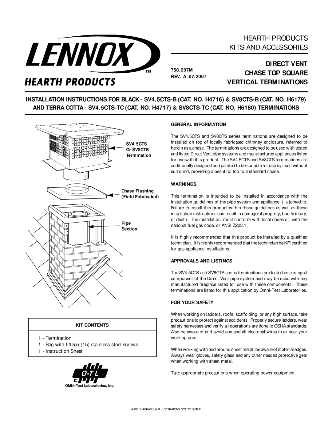 Lennox Hearth SV8CTS series instruction sheet SV4.5CTS, General Information, KIT Contents, Approvals and Listings 