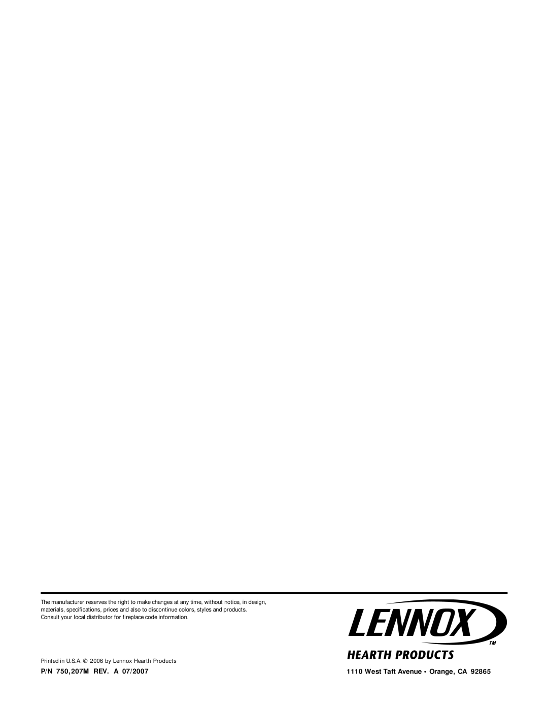 Lennox Hearth SV4.5CTS Series, SV8CTS series instruction sheet 750,207M REV. a 07/2007 