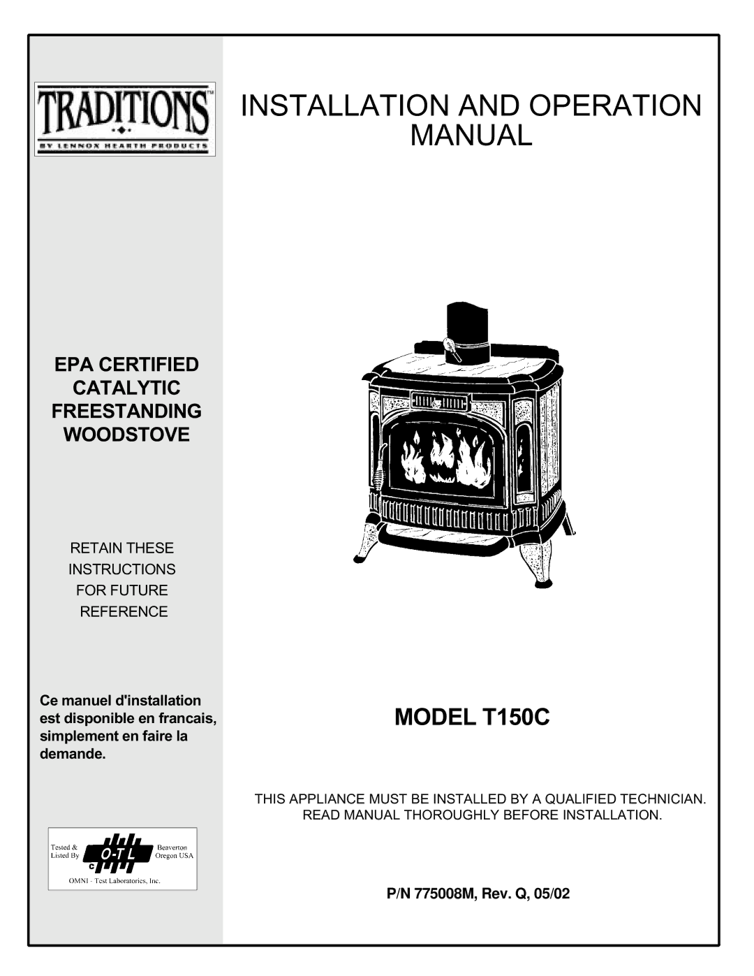 Lennox Hearth T150C operation manual Installation and Operation Manual 