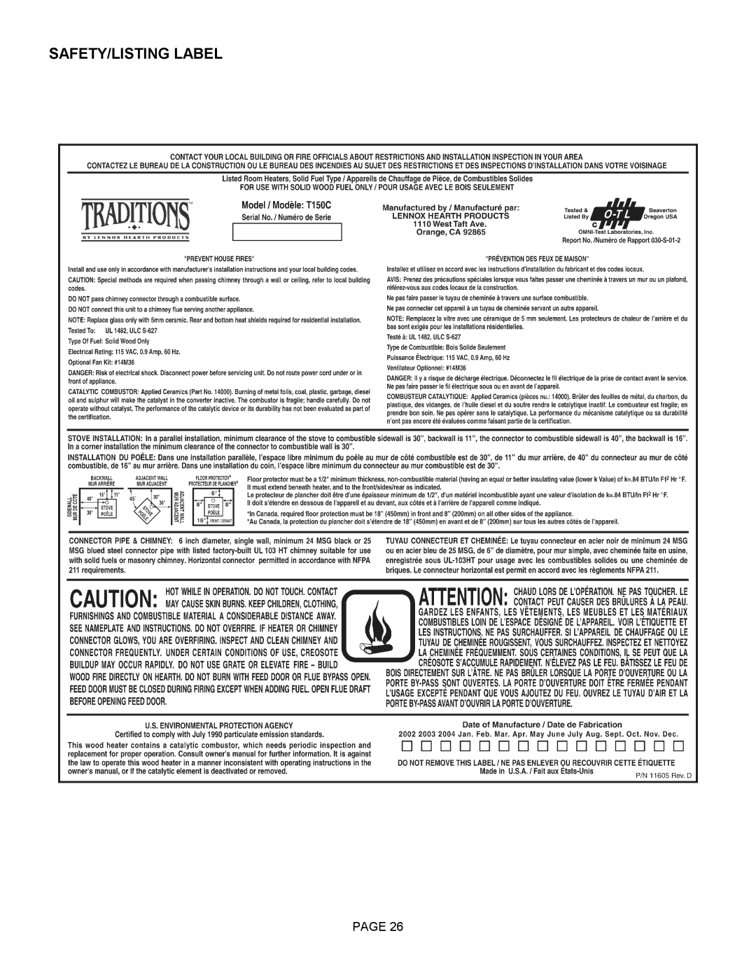 Lennox Hearth T150C operation manual SAFETY/LISTING Label 