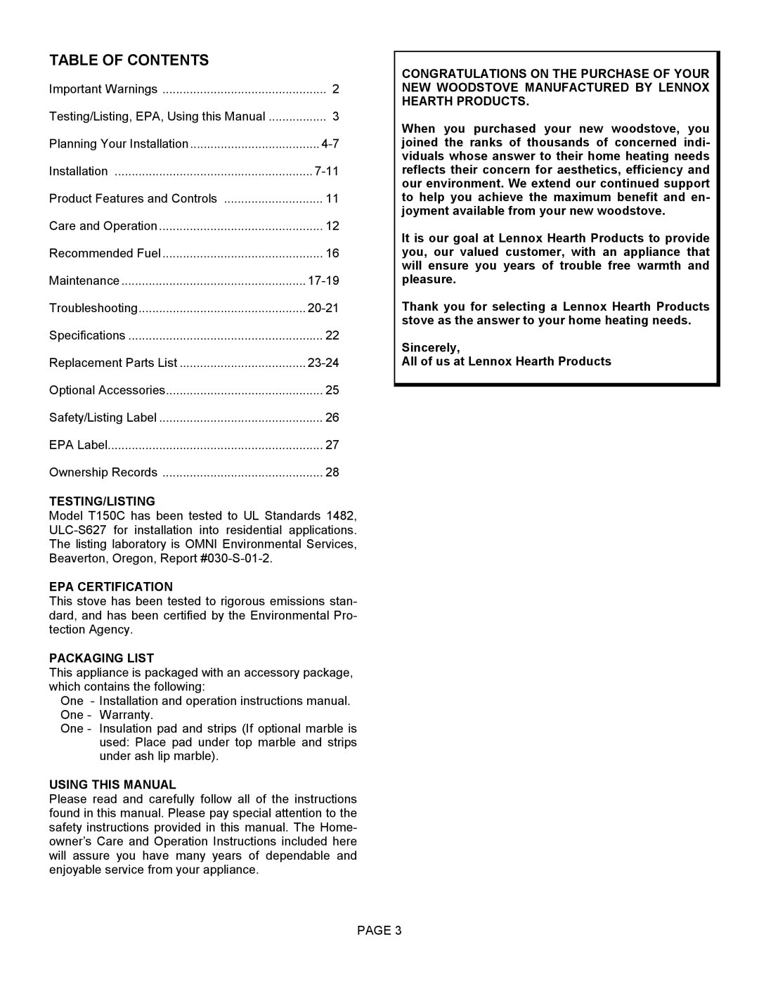 Lennox Hearth T150C operation manual Table of Contents 