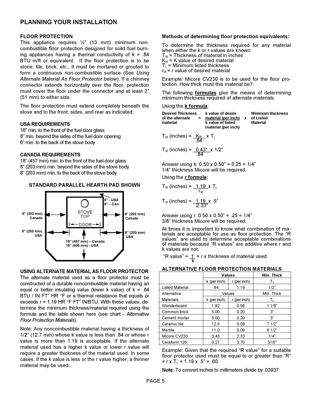 Lennox Hearth T150C Floor Protection, USA Requirements, Canada Requirements, Standard Parallel Hearth PAD Shown 