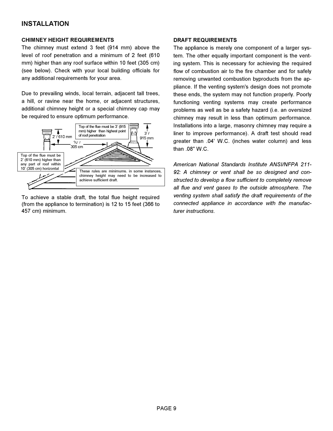 Lennox Hearth T150C operation manual Chimney Height Requirements, Draft Requirements 