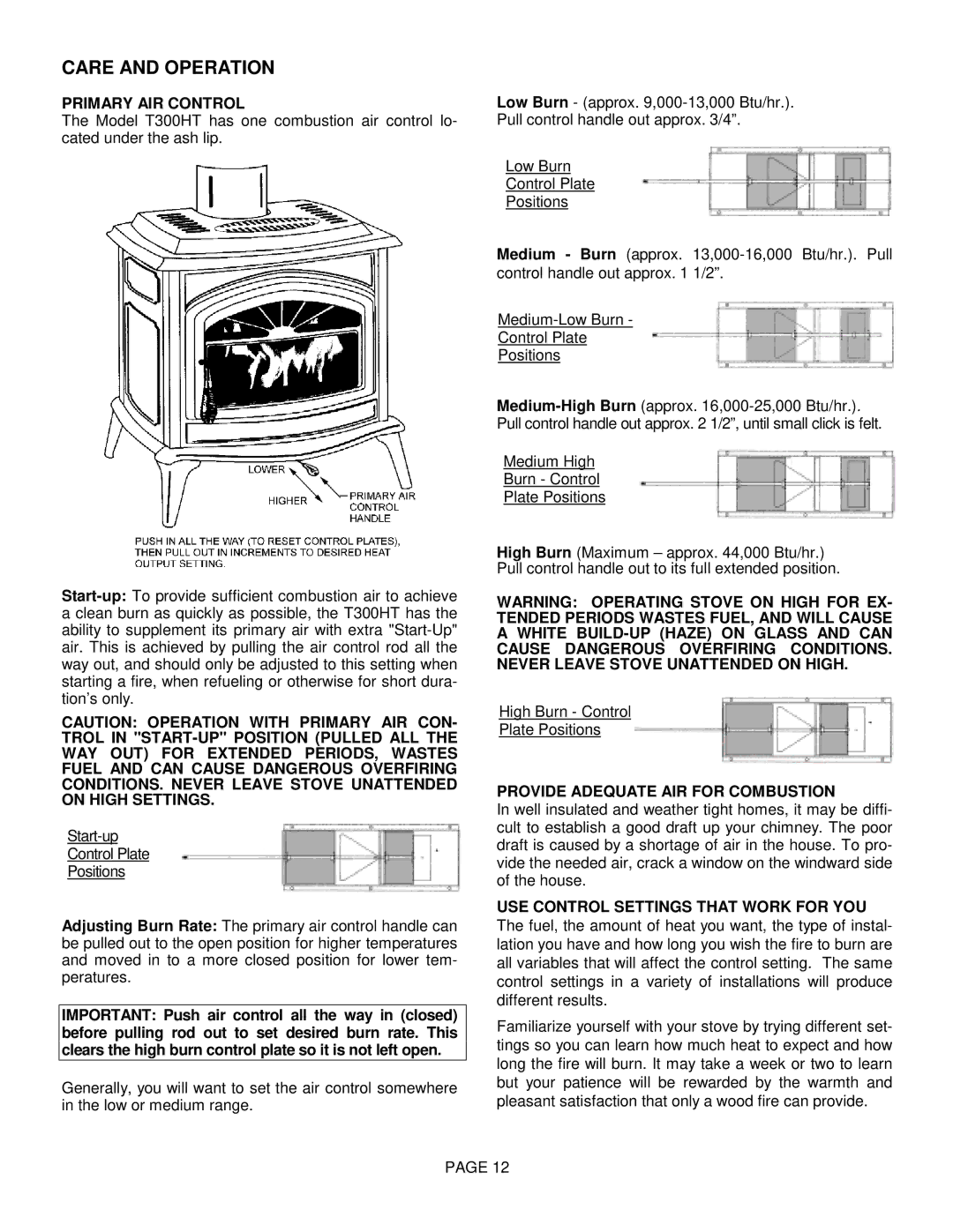 Lennox Hearth T300HT manual Provide Adequate AIR for Combustion, USE Control Settings That Work for YOU 