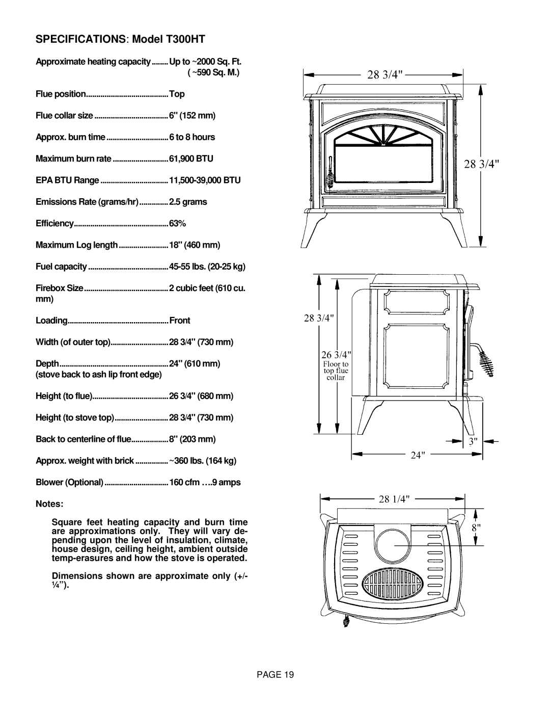 Lennox Hearth manual Specifications Model T300HT 