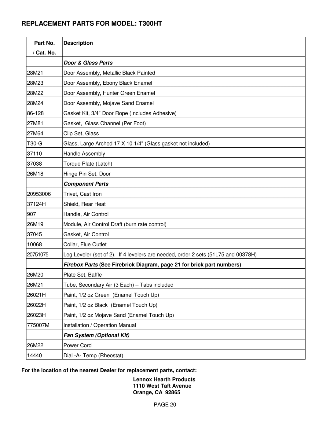 Lennox Hearth manual Replacement Parts for Model T300HT, Door & Glass Parts 